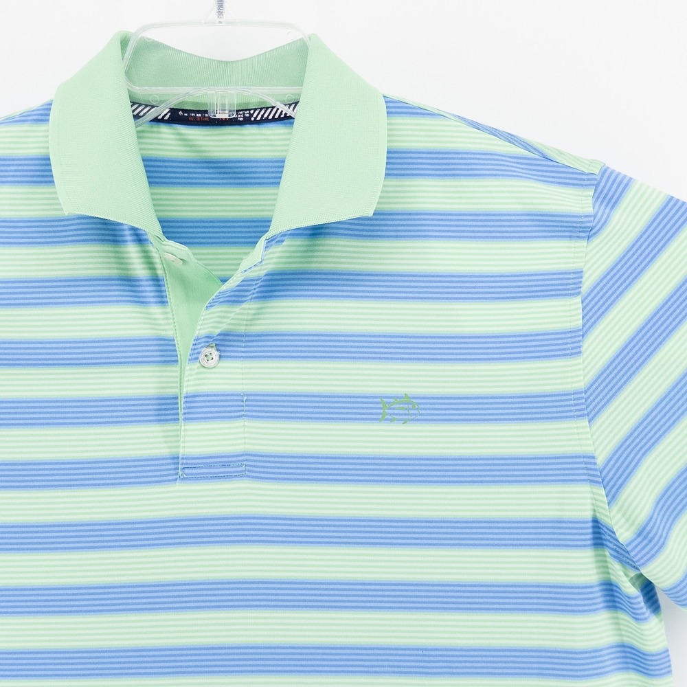 Southern Tide Mens M Tide to Trail Polo Shirt Green Blue Stripe Performance Golf